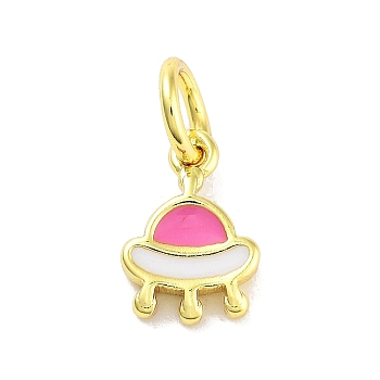 Real 18K Gold Plated Rack Plating Brass Enamel Charms, with Jump Ring, Long-Lasting Plated, Lead Free & Cadmium Free, Spaceship Charm, Hot Pink, 9x6x1.5mm, Hole: 3mm