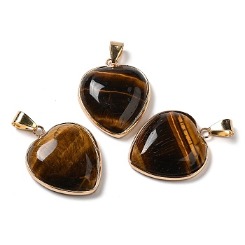 Natural Tiger Eye Pendants, Heart Charms, with Golden Tone Iron and Brass Findings, 29x24~24.5x6~6.5mm, Hole: 7~7.3x3.8~4.3mm