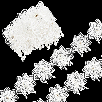 Polyester Handmade Flower Lace Trim, with Imitation Pearl and Rhinestone, for Garment Accessories, White, 3 inch(75mm)