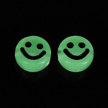 Luminous Acrylic Beads, Glow in the Dark, Flat Round with Smiling Face Pattern, Black, 10x5mm, Hole: 2mm, about 1450pcs/500g