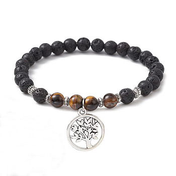 Natural Lava Rock & Natural Tiger Eye Gemstone Round Beaded Stretch Bracelet, with Alloy Tree of Life Charms, Inner Diameter: 2-1/2 inch(6.5cm)