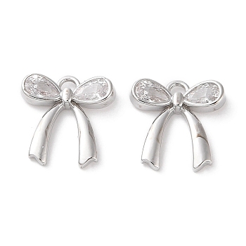 Brass Micro Pave Clear Cubic Zirconia Charms, Bowknot, Platinum, 12.5x13x2mm, Hole: 1.4mm