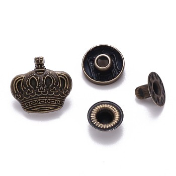 Brass Snap Buttons, Alloy Cap, Garment Buttons, Cadmium Free & Lead Free, Crown, Antique Bronze, Cap: 15.5x16.5mm, Pin: 3mm, Stud: 10x4mm, knob: 4.5mm & 10x6.5mm, knob: 3.5mm, Socket: 12x4mm, half-drill: 5mm, 4pcs/set