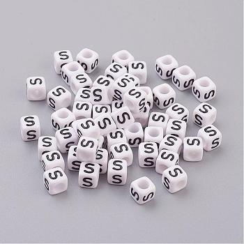 6MM Letter S White Letter Acrylic Cube Beads, Horizontal Hole for Message Necklace Making, Size: about 6mm wide, 6mm long, 6mm high, hole: 3.2mm, about 300pcs/50g