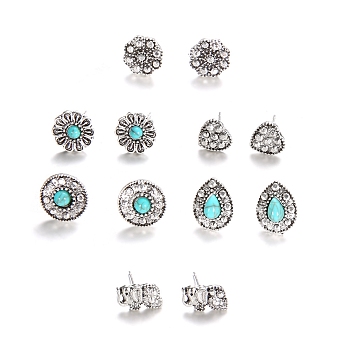 6 Pairs 6 Style Flower & Heart & Teardrop Synthetic Turquoise Stud Earrings with Rhinestone, Alloy Jewelry for Women, Antique Silver, 8~13mm, 1 Pair/style