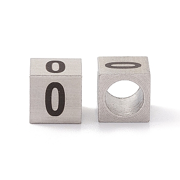303 Stainless Steel European Beads, Large Hole Beads, Cube with Number, Stainless Steel Color, Num.0, 7x7x7mm, Hole: 5mm