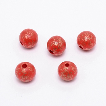 Printed Natural Wood Beads, Round with Angel Pattern, Red, 15~16mm, Hole: 3.6·4.2mm