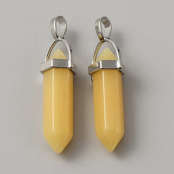 Natural Dyed White Jade Double Terminal Pointed Pendants, Faceted Bullet Charm, with Platinum Plated Alloy Findings, 40x13.5x10mm, Hole: 4x5mm