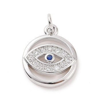 Brass Micro Pave Cubic Zirconia Pendants, with Jump Ring, Flat Round with Evil Eye Charm, Platinum, 15.5x12.5x2.5mm, Hole: 2.8mm