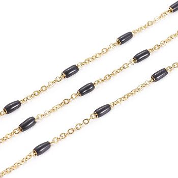 Ion Plating(IP) 304 Stainless Steel Cable Chains, with Enamel Oval Beads, Soldered, with Spool, Flat Oval, Golden, Black, 5x2.5mm, Link: 2x1.6x0.3mm, about 32.8 Feet(10m)/roll