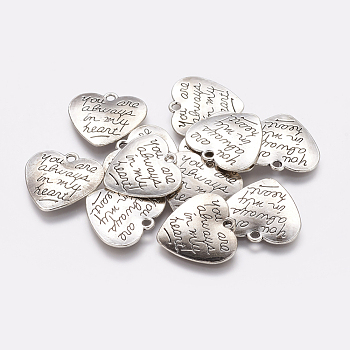 Tibetan Style Carved Words Alloy Heart Pendants, Quote Pendants, Cadmium Free & Lead Free, Antique Silver, 20.3x21.4x2mm, Hole: 2mm