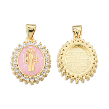 Brass Micro Pave Clear Cubic Zirconia Pendants, with Enamel and Shell, Real 18K Gold Plated, Nickel Free, Oval with Saint, Pink, 19.5x14.5x4mm, Hole: 3x4mm