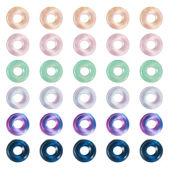 120Pcs 6 Colors Transparent Glass European Beads, Large Hole, Flat Round, Mixed Color, 12x4mm, Hole: 5mm, 20pcs/color