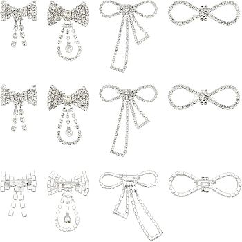 CHGCRAFT 12Pcs 4 Style Crystal Rhinestone Bowknot Lapel Pins, Creative Brass Badges for Backpack Clothes, Silver, 22~71x27.5~69.5x9.5~12mm, Pin: 0.6mm, 3Pcs/style