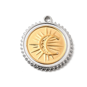 Two Tone 304 Stainless Steel Pendants, Flat Round Charms, Golden & Stainless Steel Color, Moon, 19.5x18x2.5mm, Hole: 1.5mm