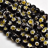 Round Millefiori Glass Beads Strands, Black, 7.6~8mm, Hole: 1mm, about 48pcs/strand, 14.9 inch(LK-P002-08)