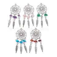 Mixed Gemstone Chip Big Pendants, Antique Silver Plated Alloy Woven Web/Net with Feather Charms, Mixed Dyed and Undyed, 70~72x28.5x6.5~8mm, Hole: 1.8mm(PALLOY-JF02292)
