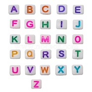 Opaque Acrylic Beads, White, Cube with Alphabet, Letter A~Z, Colorful, 6x6x6mm(JX232A)