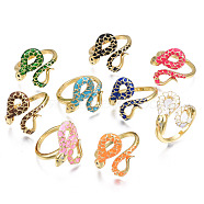 Real 18K Gold Plated Brass Micro Pave Cubic Zirconia Snake Wrap Cuff Rings, Enamel Open Rings for Girl Women, Nickel Free, Mixed Color, US Size 7 1/4(17.5mm)(RJEW-N037-005-NF)