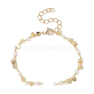 Brass Flat Round Charms Chain Bracelet Making, with Glass Imitation Pearl Bead and Lobster Clasp, for Link Bracelet Making, Golden, 6-1/8 inch(15.5cm)(AJEW-JB01150-12)