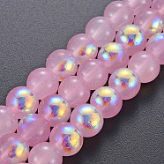 Spray Painted Glass Beads Strands, AB Color Half Plated, Round, Pearl Pink, 8x7.5mm, Hole: 1.4mm, about 50~51pcs/strand, 14.57~14.96 inches(37~38cm)(X-GGLA-S058-001C-01)
