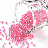 11/0 Grade A Round Glass Seed Beads, Transparent Inside Colours, Luster Plated, Hot Pink, 2.3x1.5mm, Hole: 1mm, about 48500pcs/pound(SEED-N001-F-242)