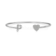 Heart & Letter Rhodium Plated 925 Sterling Silver Micro Pave Cubic Zirconia Cuff Bangles for Women, Letter P, 0.2~0.8cm, Inner Diameter: 1-7/8x2-1/4 inch(4.85x5.65cm) (BJEW-C062-01P-P)