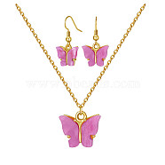 Alloy Acrylic Earrings & Necklaces Jewelry Sets, with Brass Cable Chains, Earring Hooks and 304 Stainless Steel Lobster Claw Clasps, Butterfly, Orchid, Necklaces: 17.71 inch(45cm), Earrings: 29mm, Pin: 0.8mm(SJEW-PH01380-05)