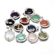 Flat Round with Dragon Platinum Plated Brass Natural & Synthetic Mixed Stone Pendants, Cadmium Free & Lead Free, Mixed Color, 26.5x24x9mm, Hole: 7x4mm(G-F228-24-RS)