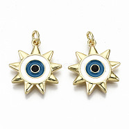 Brass Pendants, with Jump Rings and Colorful Enamel, Nickel Free, Sun with Evil Eye, Real 16K Gold Plated, 20.5x18.5x2mm, Jump Ring: 5x1mm, 3mm inner diameter(KK-S313-19-NF)