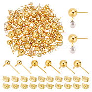PandaHall Elite 60pcs 3 Size 304 Stainless Steel Stud Earring Findings, Ball Stud Earring Post with Horizontal Loops & Ear Nuts, Real 24K Gold Plated, 7~11x4~8mm, Hole: 1.7~1.8mm, Ball: 4~8mm, Pin: 0.8mm, 20pcs/size(STAS-PH0004-84)