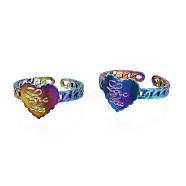 Ion Plating(IP) Rainbow Color 304 Stainless Steel Heart with Word Love You Open Cuff Ring for Women, US Size 6 1/2(16.9mm)(RJEW-S405-261M)
