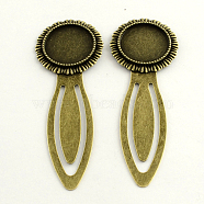 Iron Bookmark Cabochon Setting, with Alloy Flat Round Tray, Lead Free & Nickel Free & Cadmium Free, Antique Bronze, 78x28x3mm, Tray: 20mm(X-PALLOY-S033-11AB-NR)