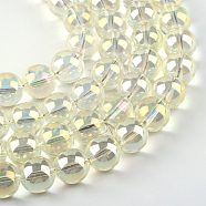 Electroplate Glass Beads Strands, Rainbow Plated, Round, Light Goldenrod Yellow, 7.5x8.5mm, Hole: 1mm, about 104pcs/strand, 30.3 inch(EGLA-Q062-8mm-A02)