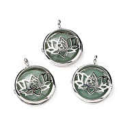 Natural Green Aventurine Locket Pendants, Flat Round Charms, with Platinum Plated Brass Lotus Findings, 31.5x27x9mm, Hole: 4.6mm(G-G982-01P-01)