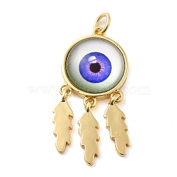 Real 18K Gold Plated Brass Pendants, with Acrylic and Jump Ring, Flat Round with Evil Eye Charms, Mauve, 30.5x14x5mm, Hole: 3.4mm(KK-A198-02G-04)