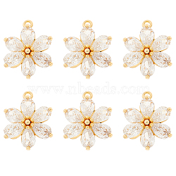 6Pcs Brass Micro Pave Clear Cubic Zirconia Pendants, Flower Charms, Real 18K Gold Plated, 17x14x4.5mm, Hole: 1mm(ZIRC-HS0001-07)