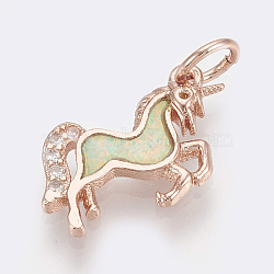 Brass Micro Pave Cubic Zirconia Charms, with Jump Rings & Resin, Horse, Clear & Dodger Blue, Rose Gold, 10x14x2mm, Hole: 3mm(ZIRC-Q018-061RG)