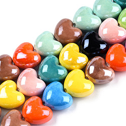 Handmade Porcelain Bead Strands, Bright Glazed Porcelain, Heart, Mixed Color, 14x16x10mm, Hole: 2mm, about 23pcs/strand, 11.81 inch(30cm)(X-PORC-N007-26)