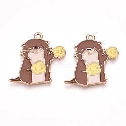 Alloy Enamel Pendants, Lead Free & Cadmium Free, Otter Shape Charms, Golden, Sienna, 26x25x1.2mm, Hole: 1.6mm(ENAM-T022-02B-02)