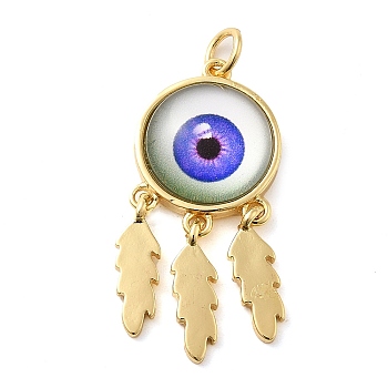 Real 18K Gold Plated Brass Pendants, with Acrylic and Jump Ring, Flat Round with Evil Eye Charms, Mauve, 30.5x14x5mm, Hole: 3.4mm