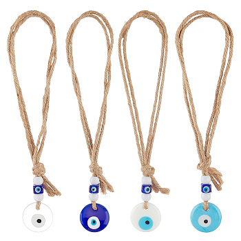 AHADEMAKER 1 Set Handmade Lampwork Evil Eye Pendants Decorations, with Opaque Acrylic Beads and Jute Cord, Mixed Color, 220mm, 4pcs/set