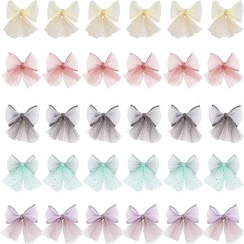 CHGCRAFT 30Pcs 5 Colors Handmade Polyester Organza Bowknot Ornament Accessories, for DIY Costume, Bag, Hair Accessories, Mixed Color, 44~46x64~76x5~7mm, 6pcs/color