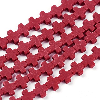 Synthetic Coral Beads Strands, Dyed, Cross, Dark Red, 7.5~8.5x8~9x3~3.5mm, Hole: 1mm, about 40pcs/strand, 12.5 inch~12.7 inch(31.8~32.3cm)