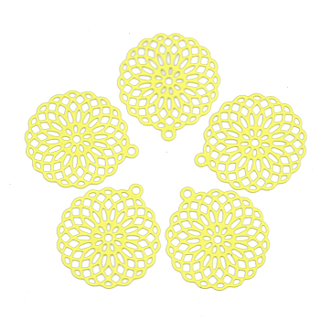 430 Stainless Steel Filigree Pendants, Spray Painted, Etched Metal Embellishments, Flower, Yellow, 30x27x0.5mm, Hole: 1.8mm
