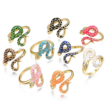 Real 18K Gold Plated Brass Micro Pave Cubic Zirconia Snake Wrap Cuff Rings, Enamel Open Rings for Girl Women, Nickel Free, Mixed Color, US Size 7 1/4(17.5mm)