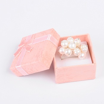 Cardboard Ring Boxes, with Satin Ribbons Bowknot outside, Square, Pink, 41x41x26mm