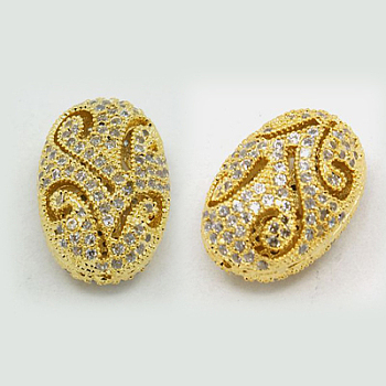 Brass Cubic Zirconia Beads, Oval, Golden, 15x10x8mm, Hole: 1mm
