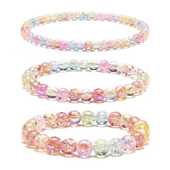 Sparkling Crackle Glass Round Beads Stretch Bracelets Set, Cute Bracelets for Teen Girl Women, Colorful, Inner Diameter: 2~2-1/4 inch(5.2~5.6cm), 3pcs/set