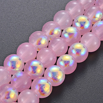 Spray Painted Glass Beads Strands, AB Color Half Plated, Round, Pearl Pink, 8x7.5mm, Hole: 1.4mm, about 50~51pcs/strand, 14.57~14.96 inches(37~38cm)